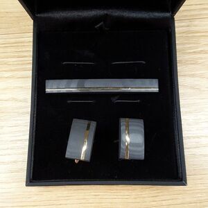 RHONA SUTTON Mens Black Gold Stainless Steel Stripe Cuff Links + Tie Bar